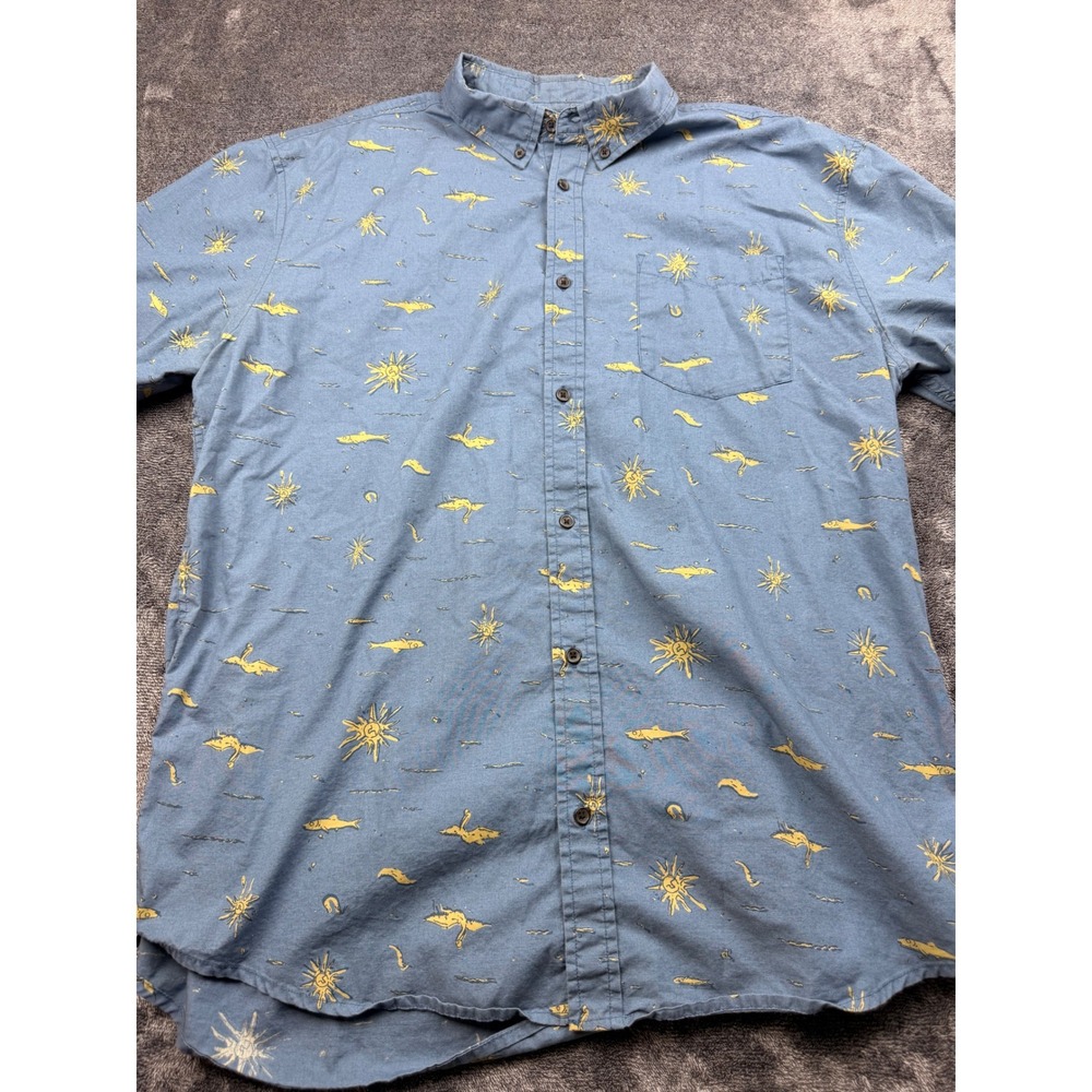 Prana Mens XXL‎ Slim Fit Blue Sun Fish Print Short Sleeve Button Down Shirt